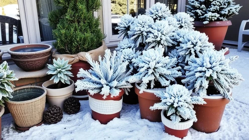 Växter i kruka utomhus vinter överlever frost